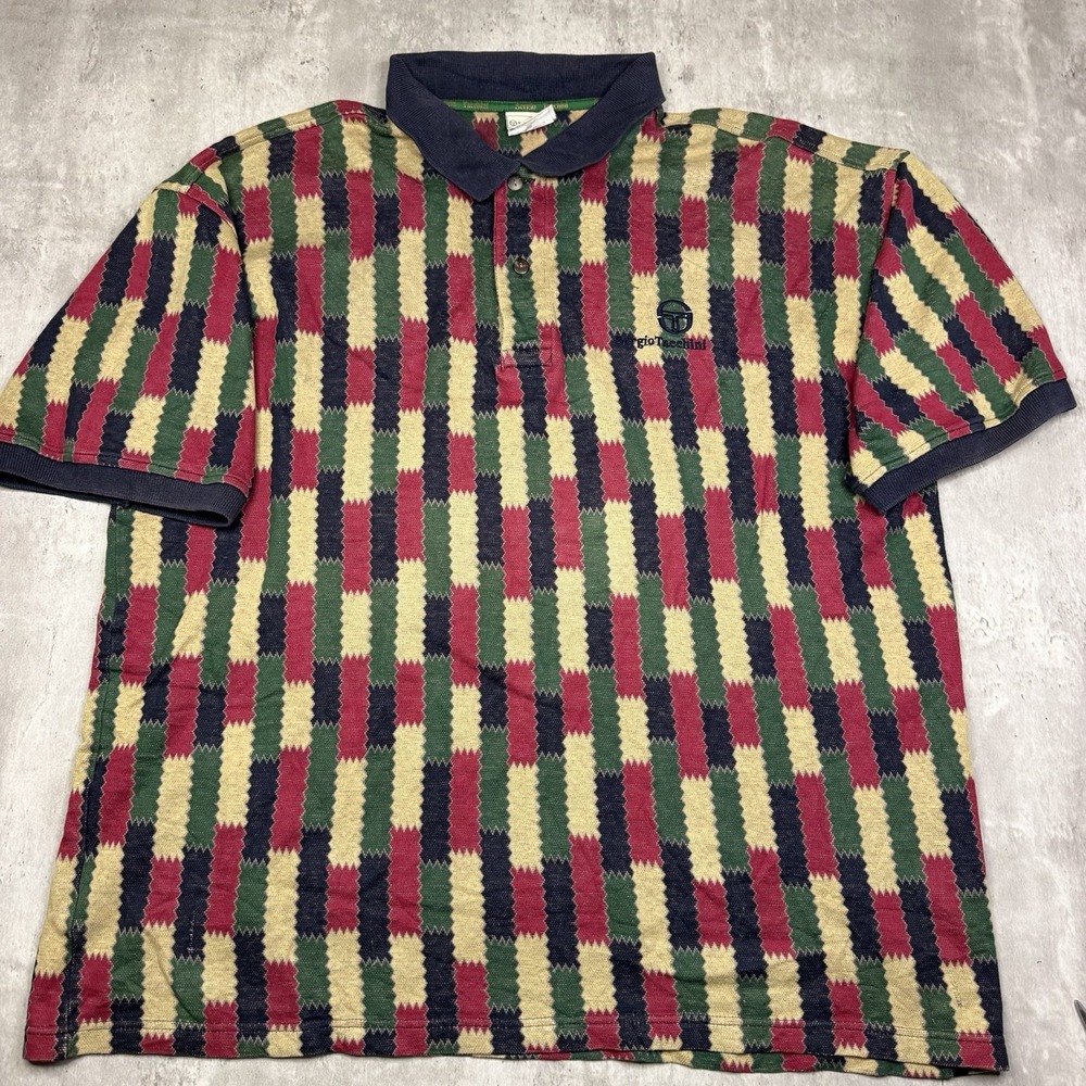 Vintage Sergio Tacchini AOP Polo Shirt Short Sleeve Designer Multicolor XXL
